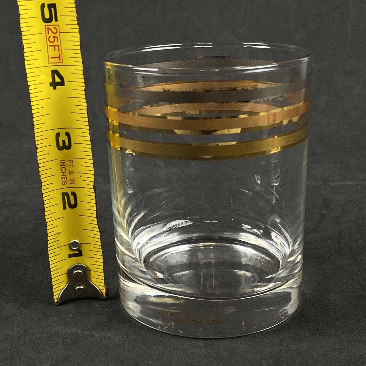 3 Vintage Mid Century Culver Gold & Silver Stripes Rocks Low Ball Glasses