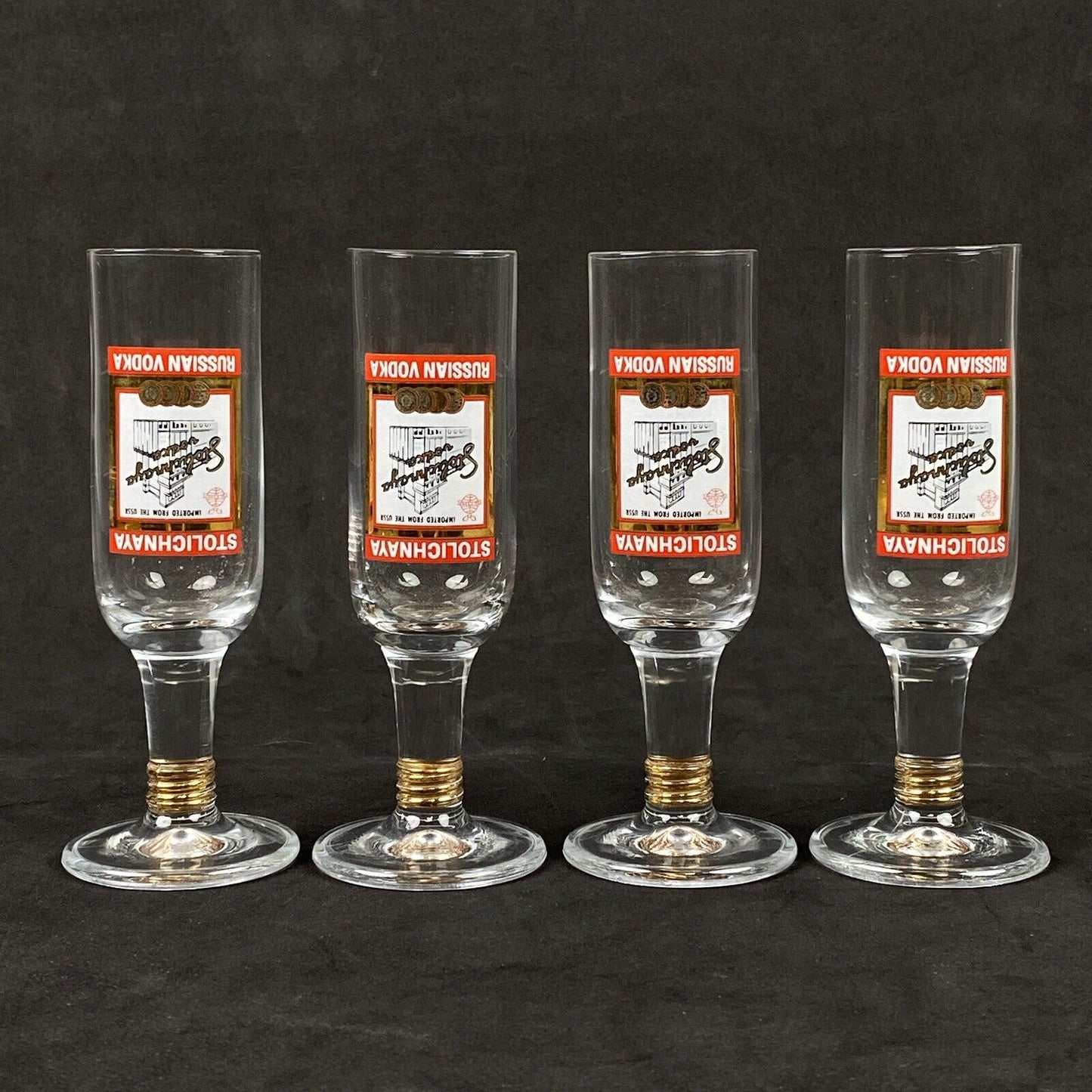 Stolichnaya Russian Vodka 4 Clear Glass Footed Upside Down Shot Glass. 5”