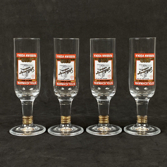 Stolichnaya Russian Vodka 4 Clear Glass Footed Upside Down Shot Glass.  5”