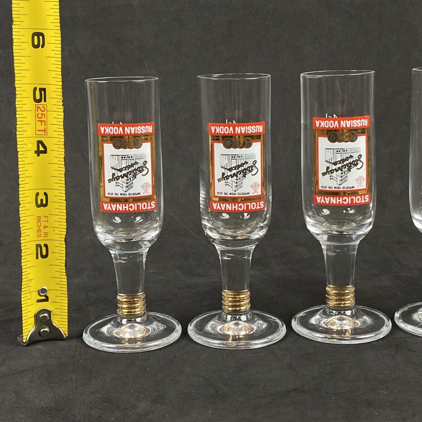 Stolichnaya Russian Vodka 4 Clear Glass Footed Upside Down Shot Glass. 5”