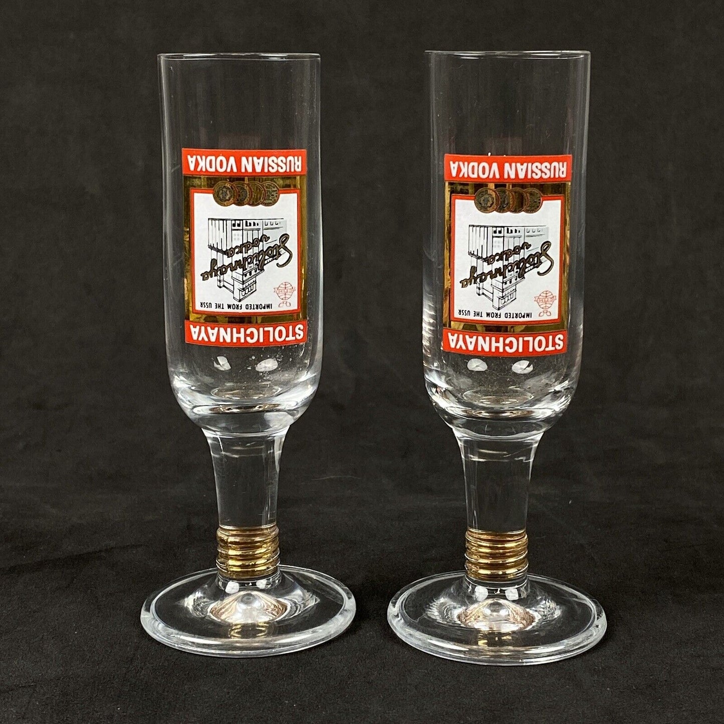 Stolichnaya Russian Vodka 4 Clear Glass Footed Upside Down Shot Glass. 5”