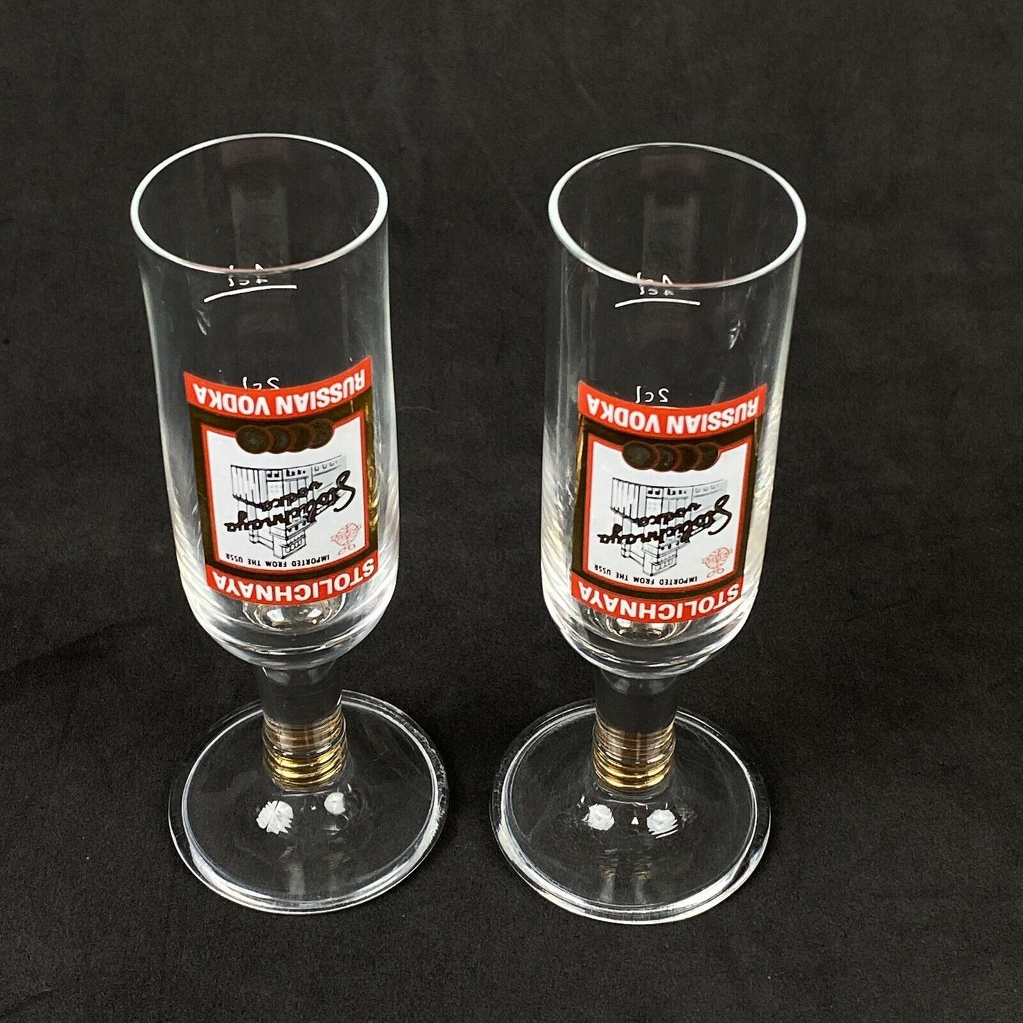 Stolichnaya Russian Vodka 4 Clear Glass Footed Upside Down Shot Glass. 5”