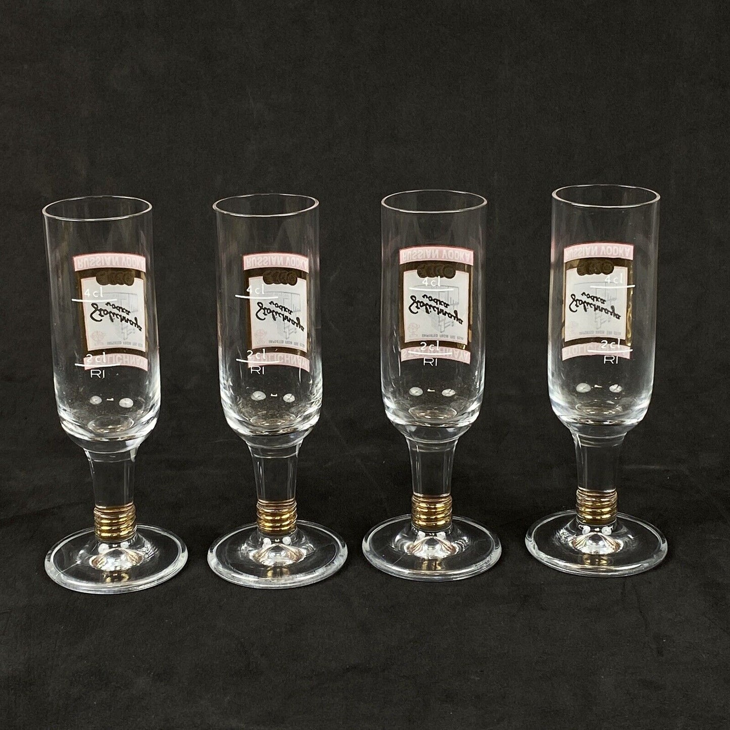 Stolichnaya Russian Vodka 4 Clear Glass Footed Upside Down Shot Glass. 5”