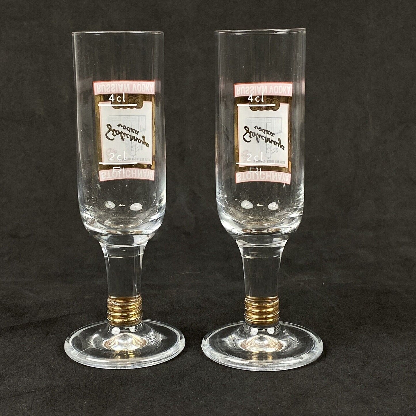 Stolichnaya Russian Vodka 4 Clear Glass Footed Upside Down Shot Glass. 5”