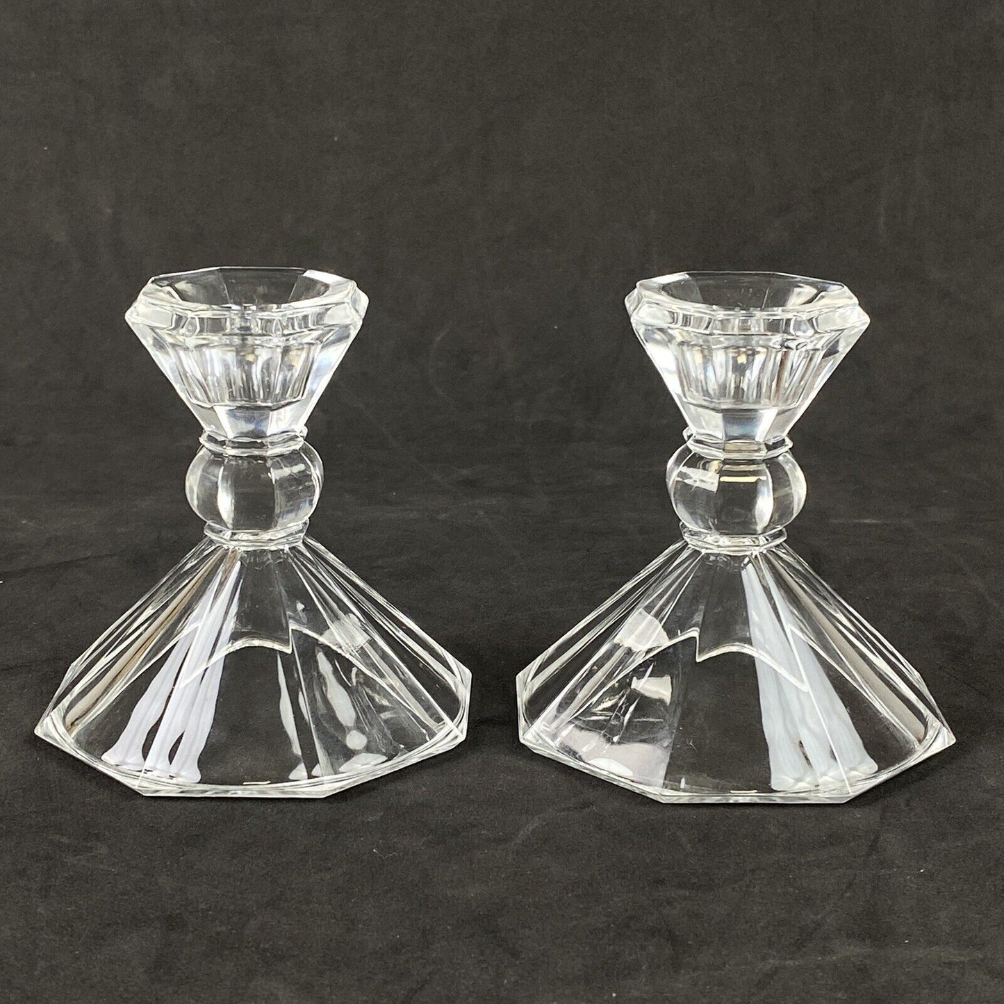 Pair Of Crystal Glass Candle Holders Octagon Shaped Base Candlestick (READ)
