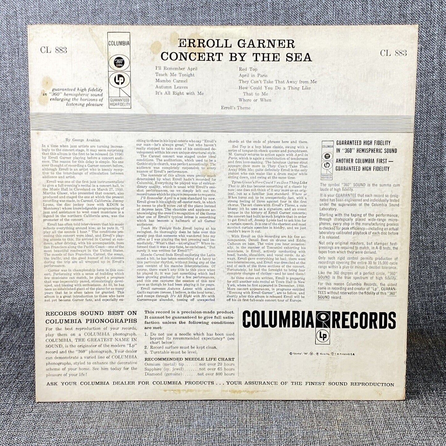 Concert By The Sea Erroll Garner Columbia Six-Eye Vinyl LP Record
