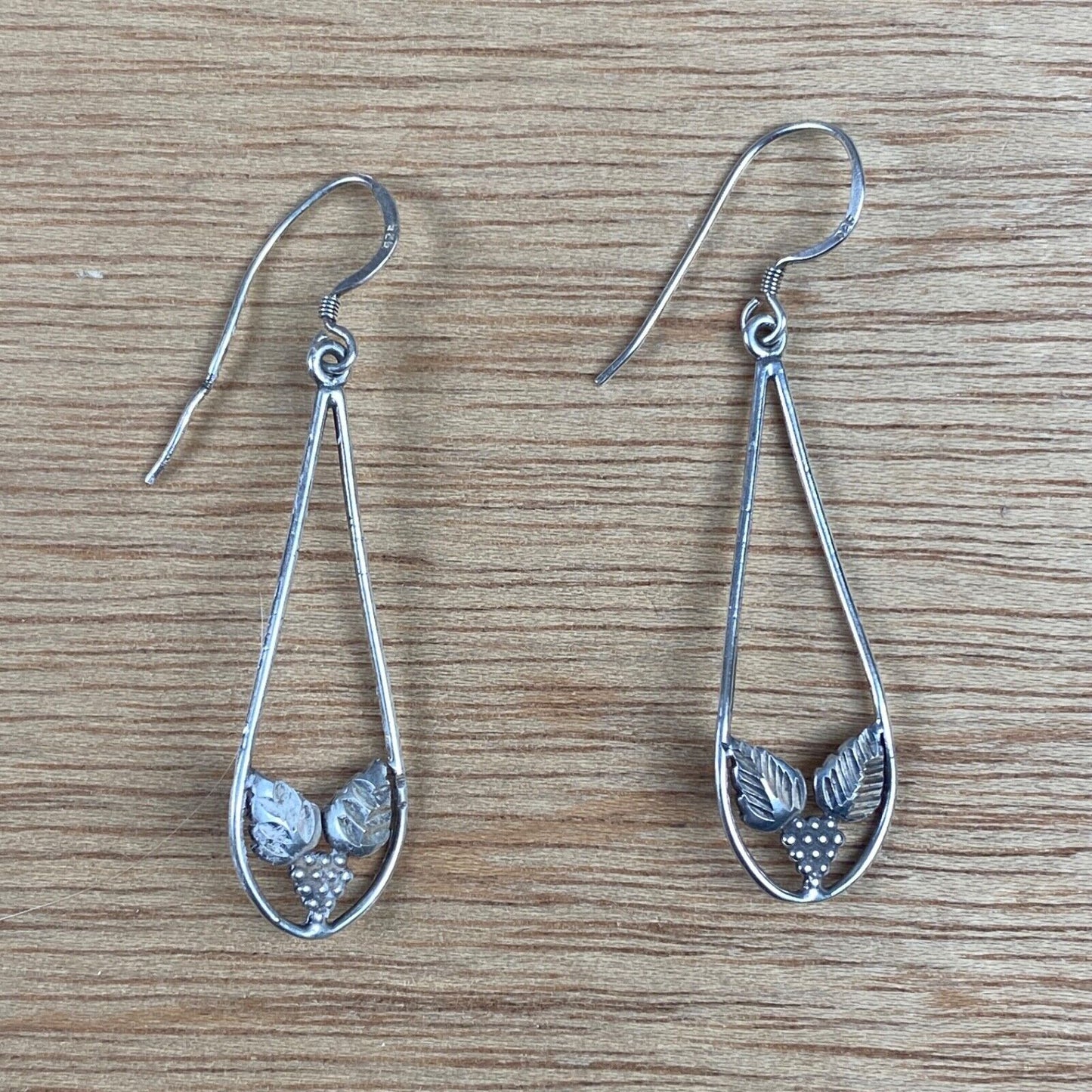 Vintage Silver Drop Dangle Earrings with Leaves and Grapes