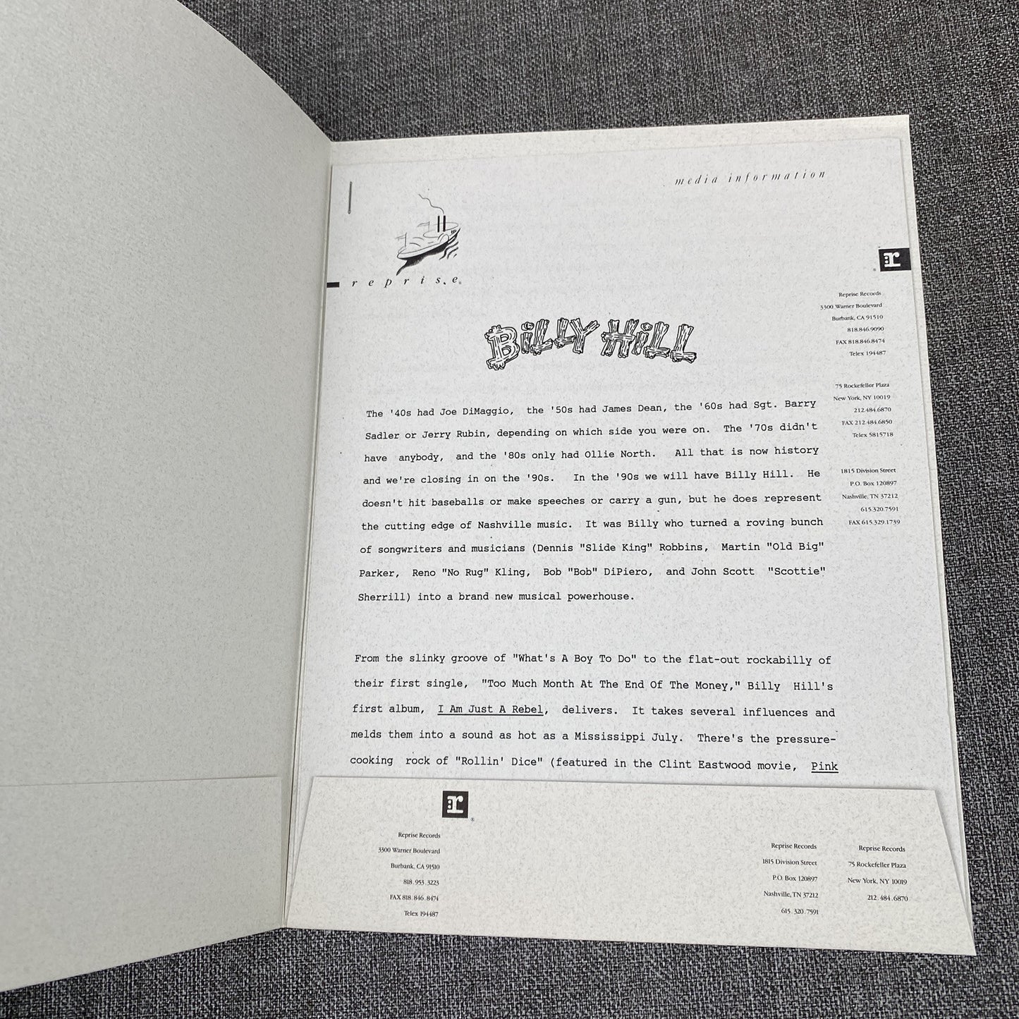 Billy Hill, I am just a Rebel, LP Vinyl Record PROMOTIONAL , 1989