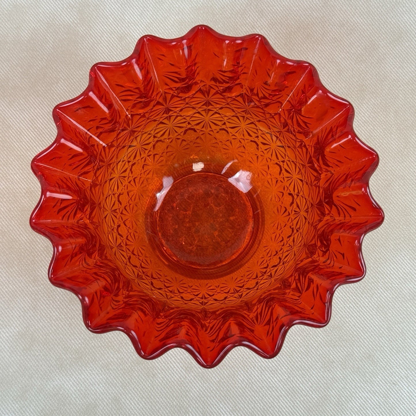 LE Smith Amberia Daisy and Button Ruffled Edge Candy Trinket Glass Bowl 6"
