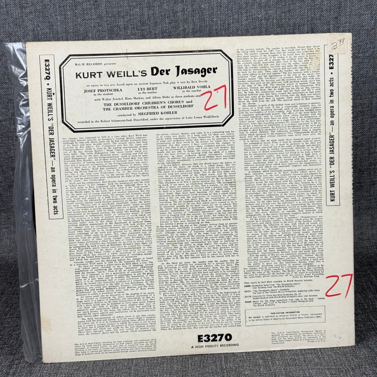 Kurt Weill's Der Jasager Opera in Two Acts Bert Brecht MGM Records