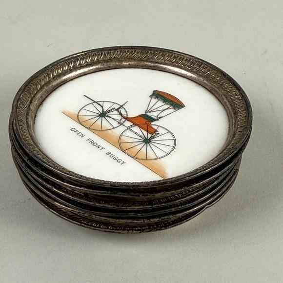 Set of 6 Vintage Carriage Coasters Porcelain Silver Tone Rim Historic Vehicles
