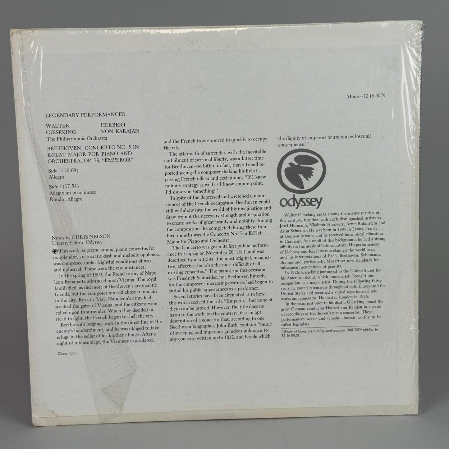 Beethoven Emperor Concerto Gieseking Von Karajan Legendary LP Odyssey -NEAR MINT