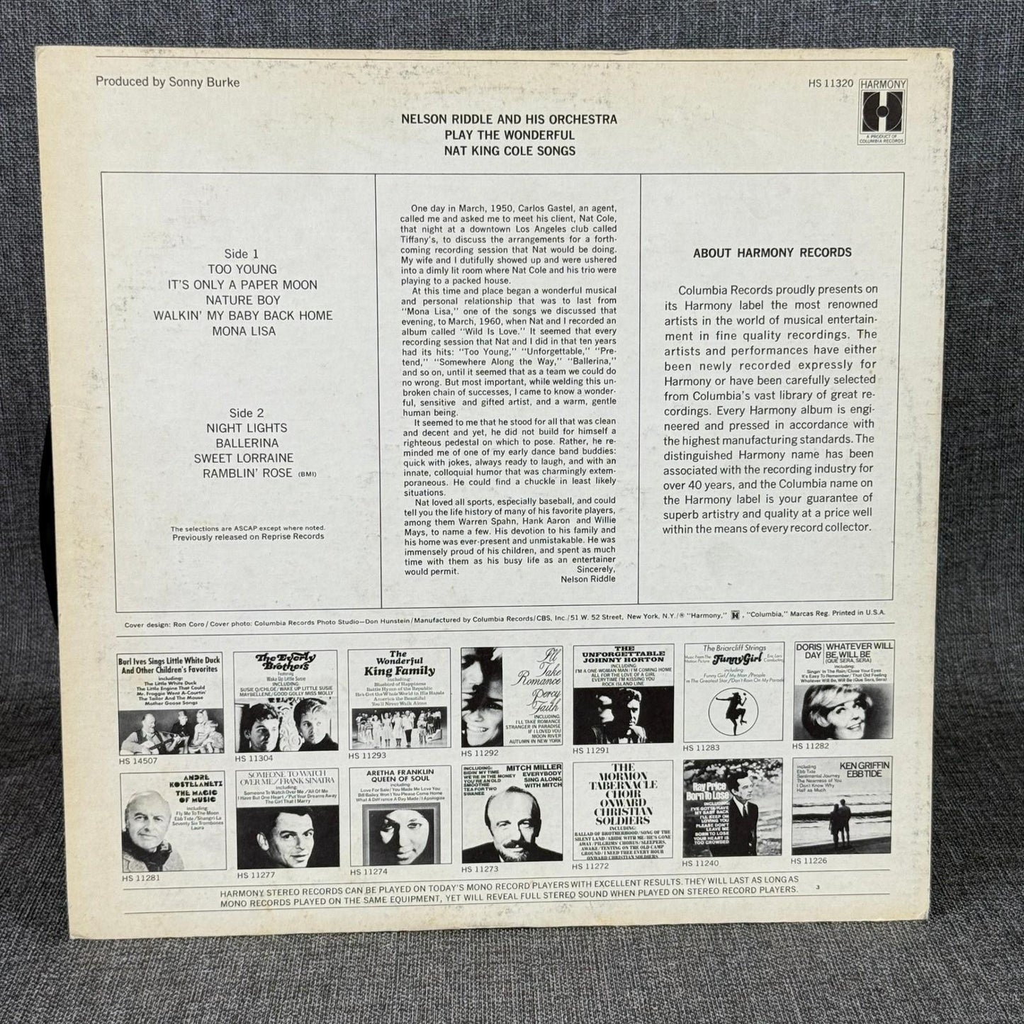 Nelson Riddle Orchestra Nat King Cole LP Record Album Harmony Vinyl
