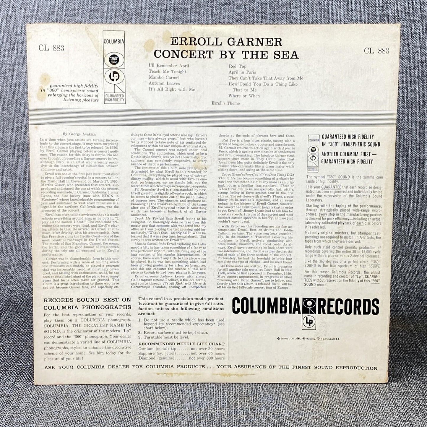 Concert By The Sea Erroll Garner Columbia Six-Eye Vinyl LP Record