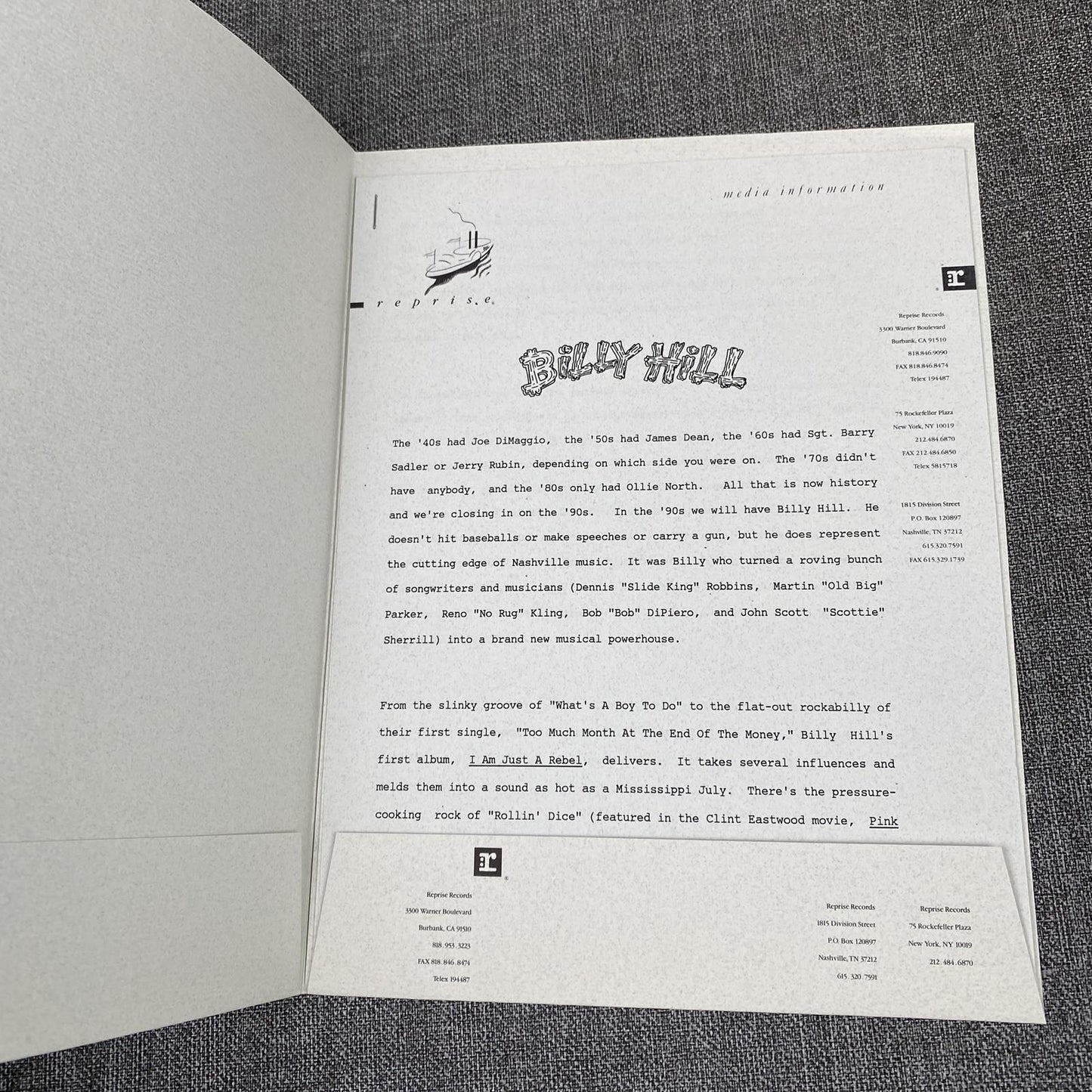 Billy Hill, I am just a Rebel, LP Vinyl Record PROMOTIONAL , 1989