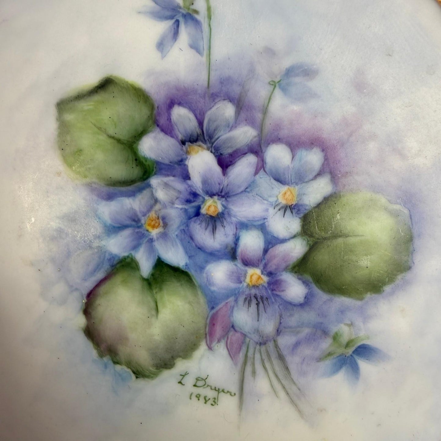 L Dryer Hand Painted Floral Porcelain Plate 7" Gold Gilt Violets 1943 Signed