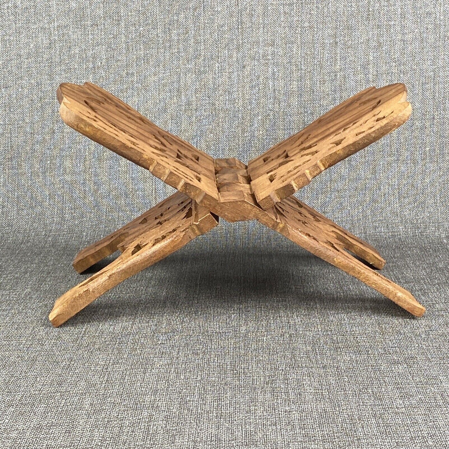 Vintage Hand Carved Wood Folding Book Rack Magazine Holder