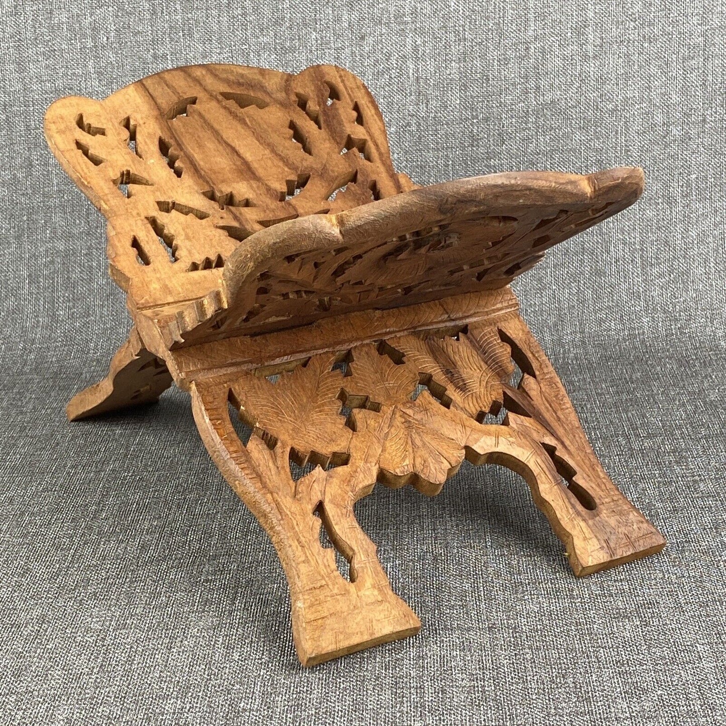 Vintage Hand Carved Wood Folding Book Rack Magazine Holder