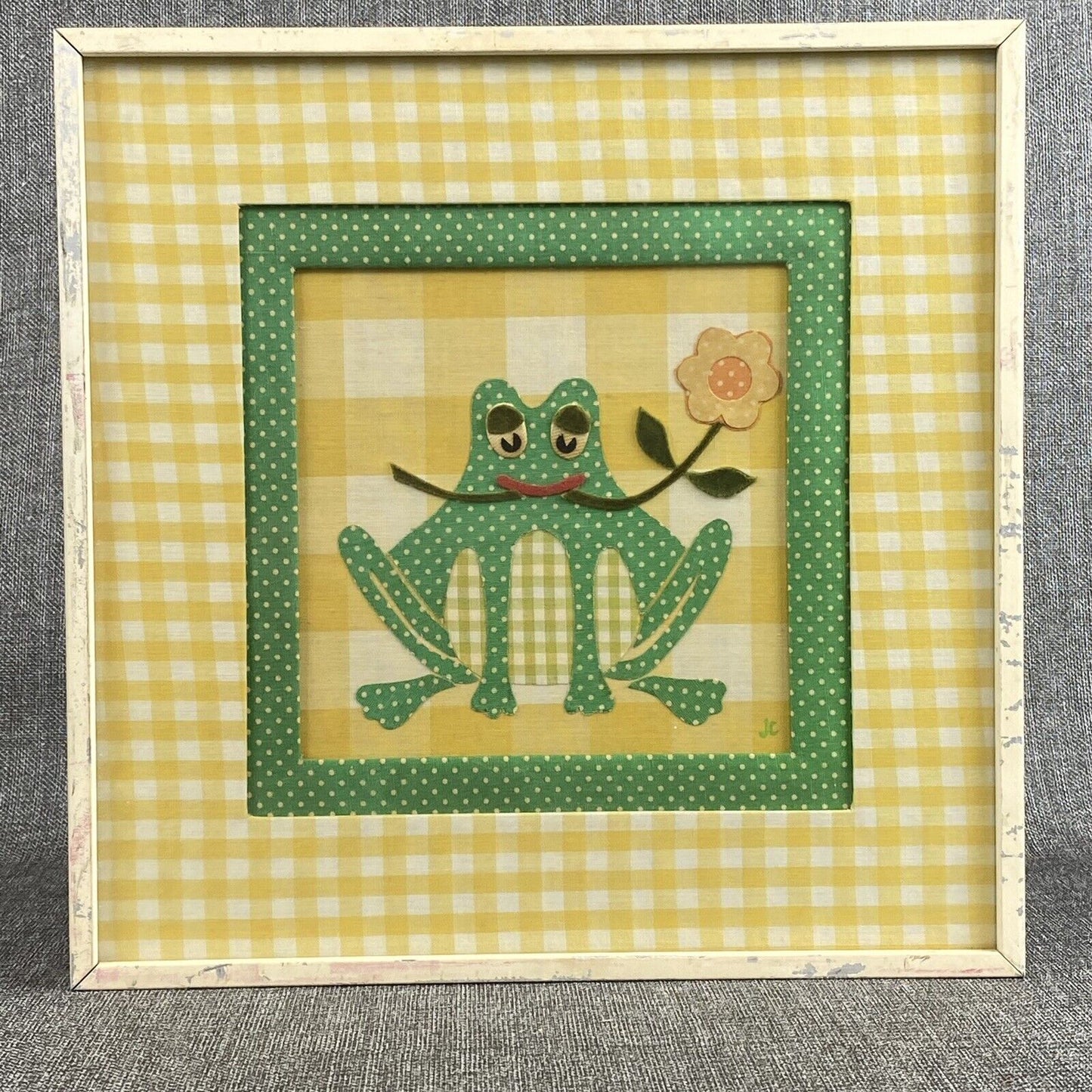 Frog Textile Art 12"x12" by Jane Cohler Design Fabric Polka Dots Boho 1975