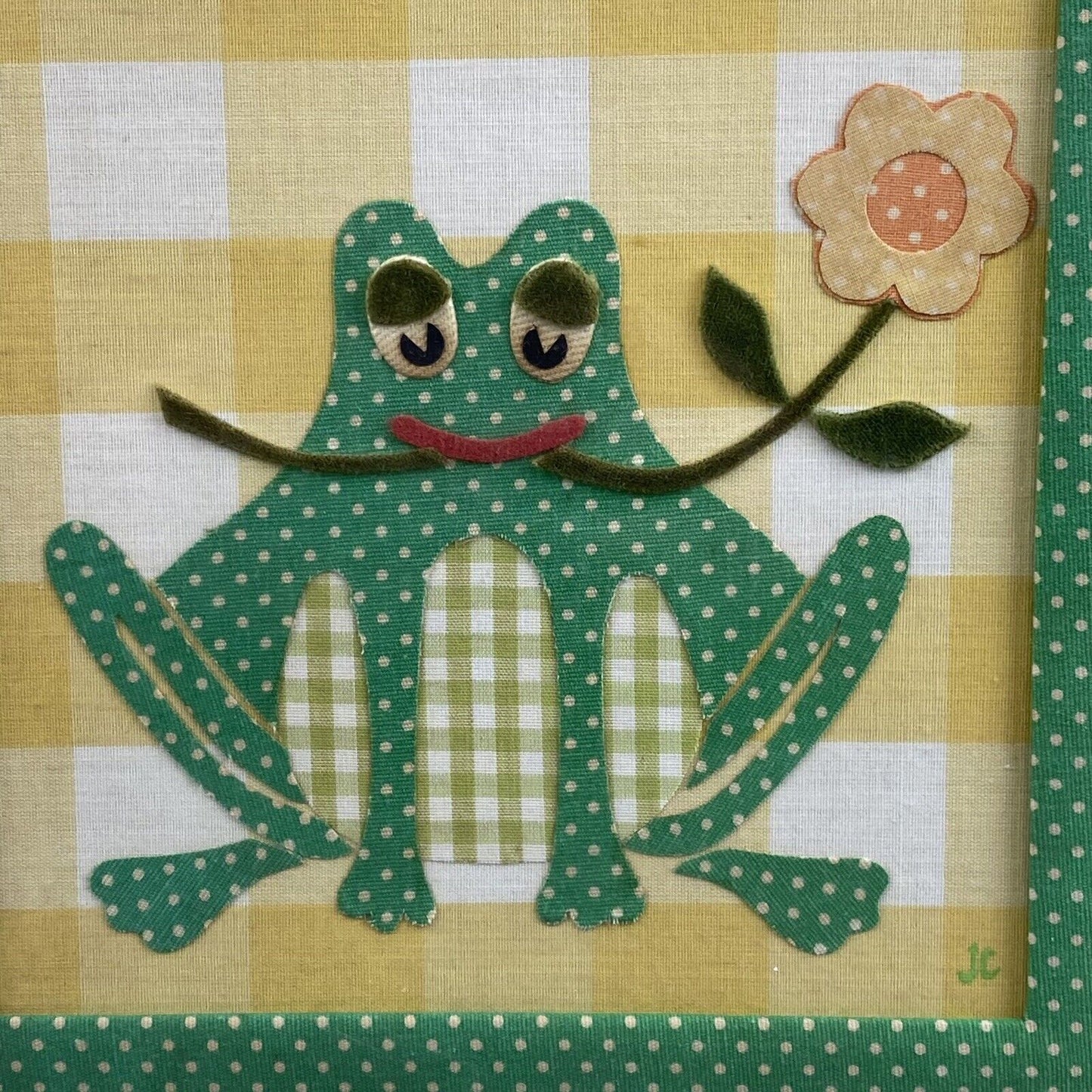 Frog Textile Art 12"x12" by Jane Cohler Design Fabric Polka Dots Boho 1975