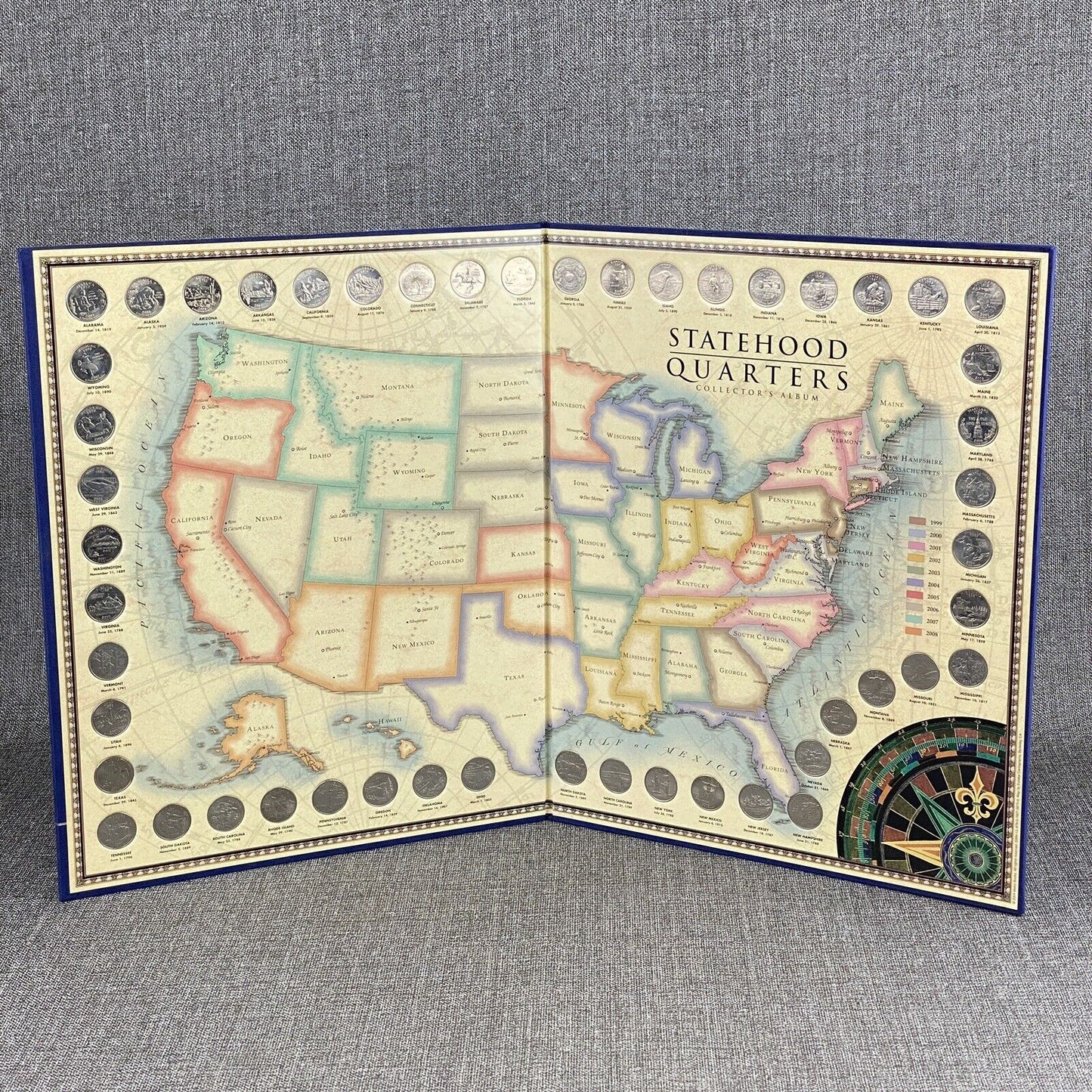 US State Quarters Complete Set Set in map folder with flag image