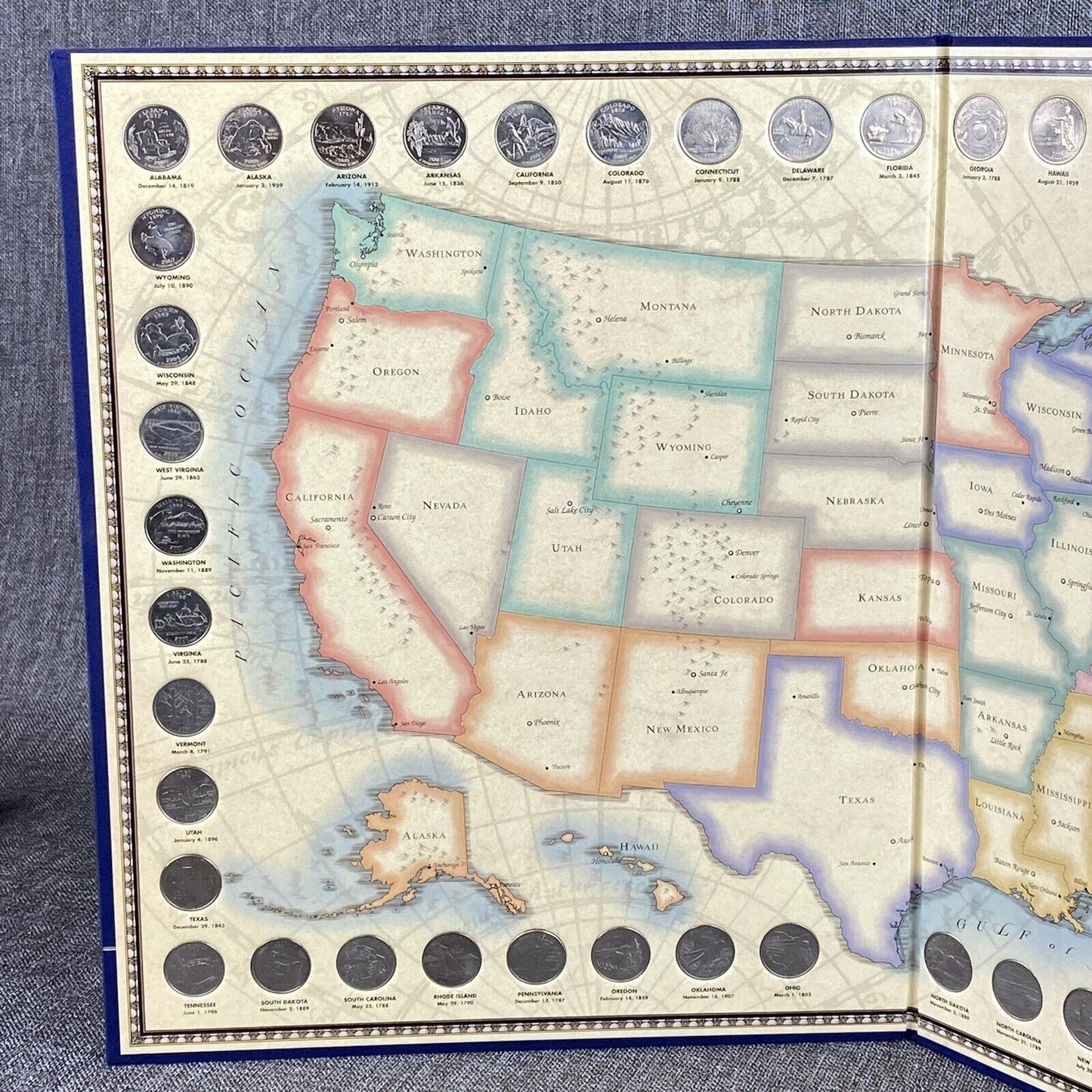 US State Quarters Complete Set Set in map folder with flag image