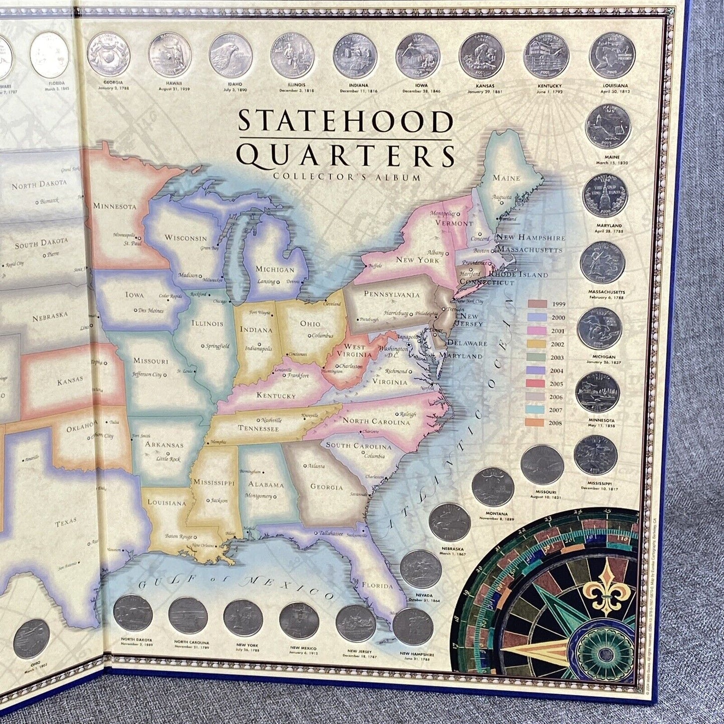 US State Quarters Complete Set Set in map folder with flag image