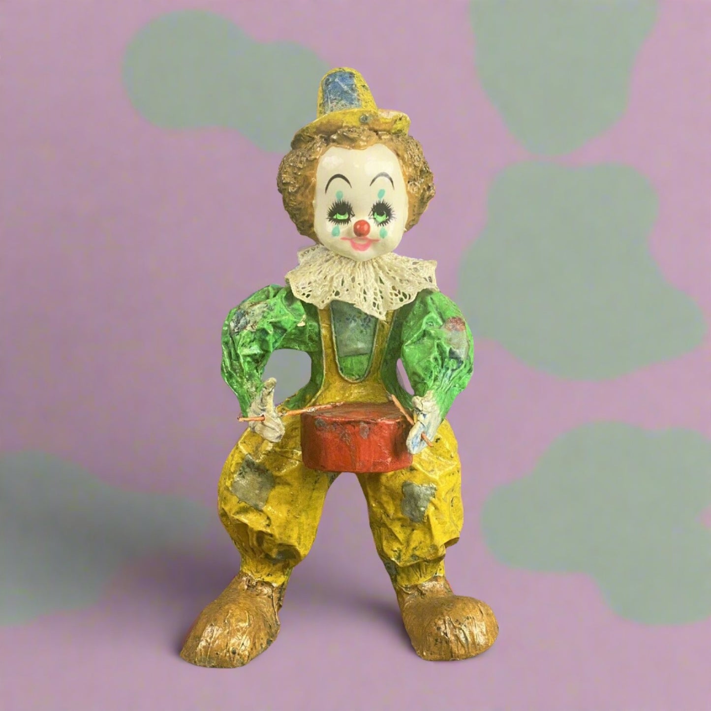 Vintage Colorful Paper Mache Clown Playing Drums Mexico 14" tall