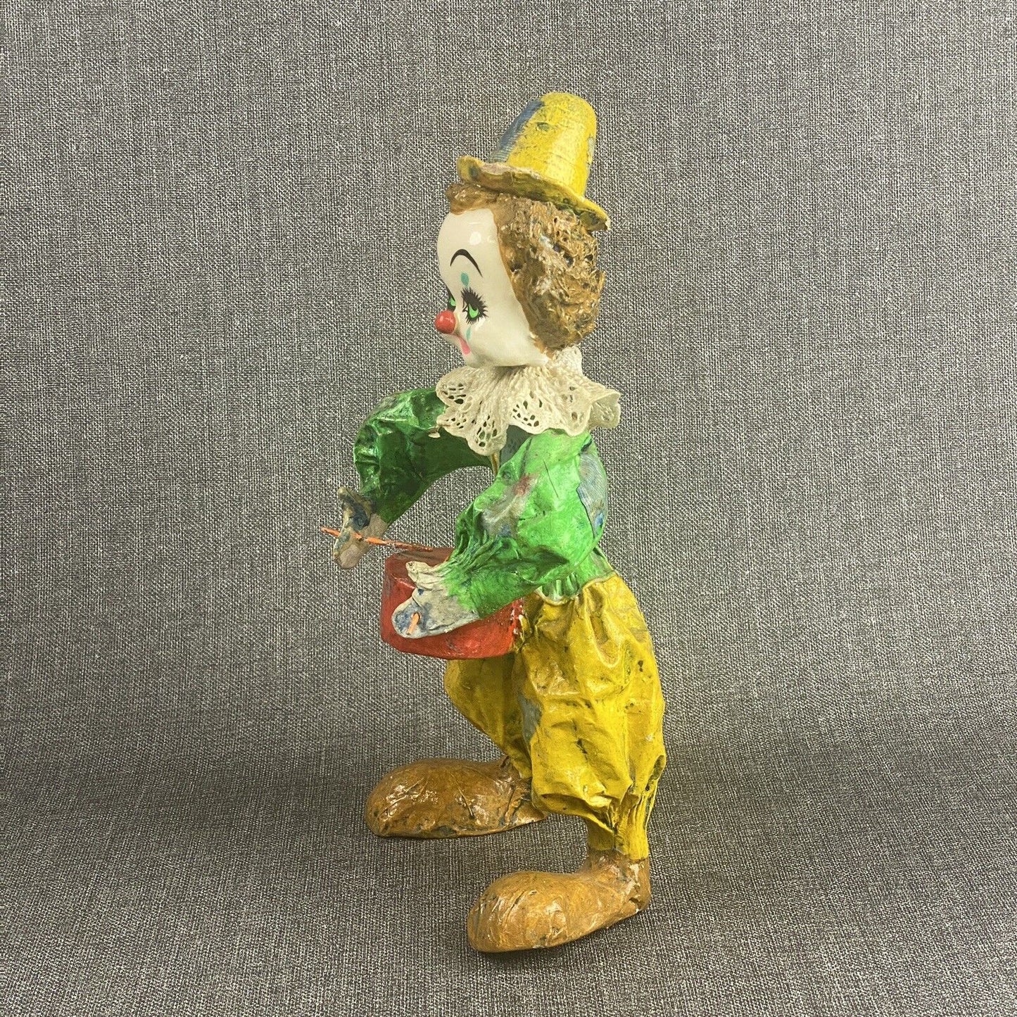 Vintage Colorful Paper Mache Clown Playing Drums Mexico 14" tall
