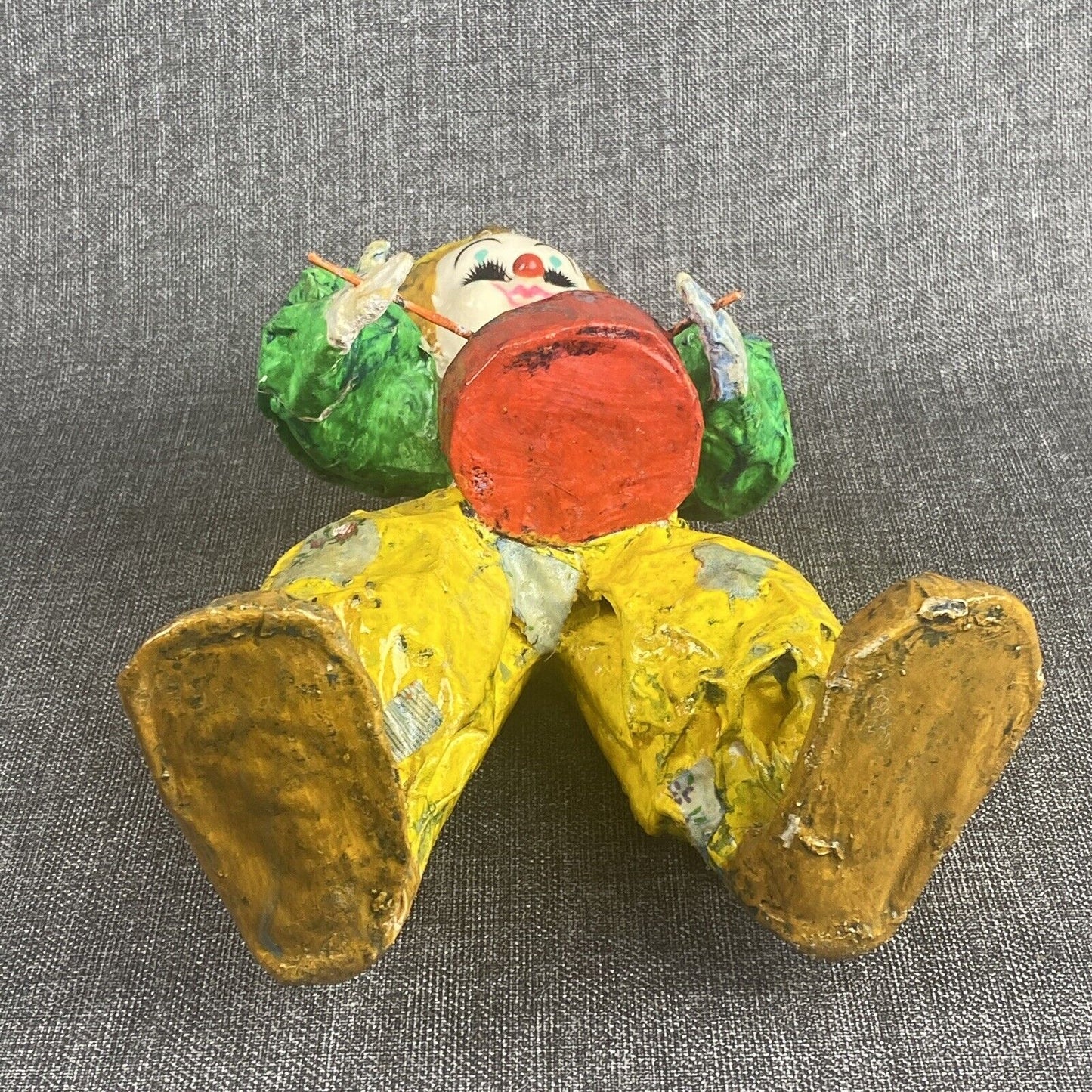 Vintage Colorful Paper Mache Clown Playing Drums Mexico 14" tall