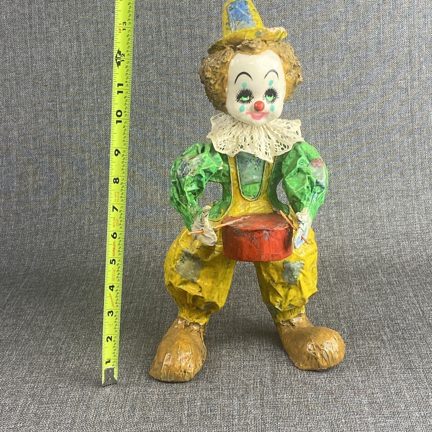Vintage Colorful Paper Mache Clown Playing Drums Mexico 14" tall
