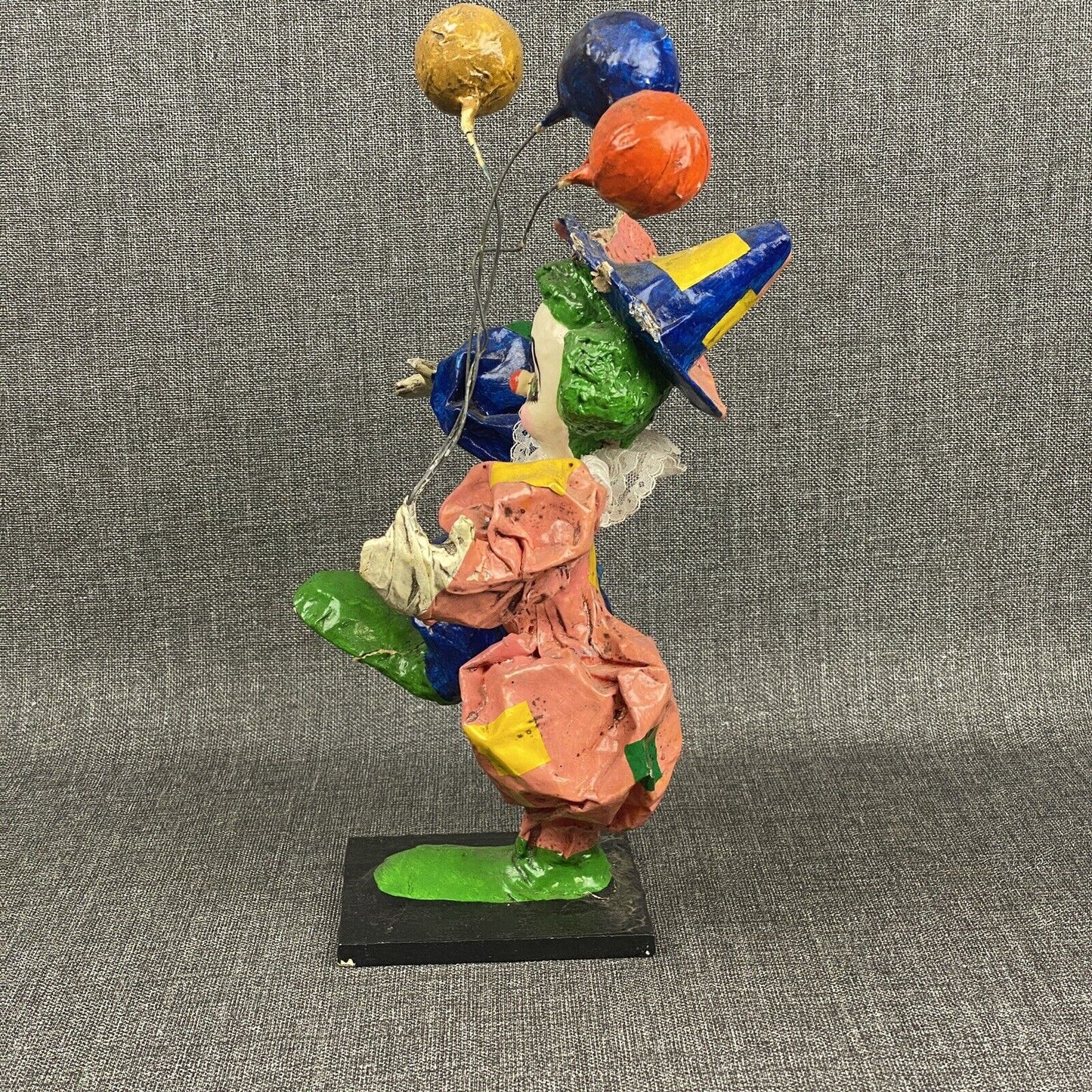Vintage Colorful Paper Mache Clown with Balloons 13" tall