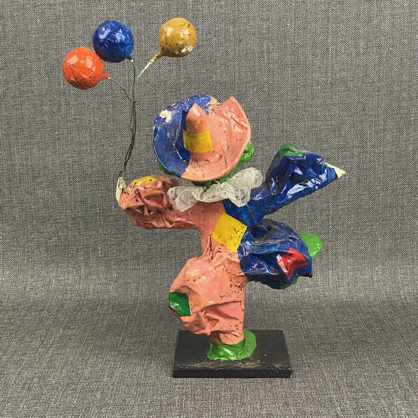 Vintage Colorful Paper Mache Clown with Balloons 13" tall