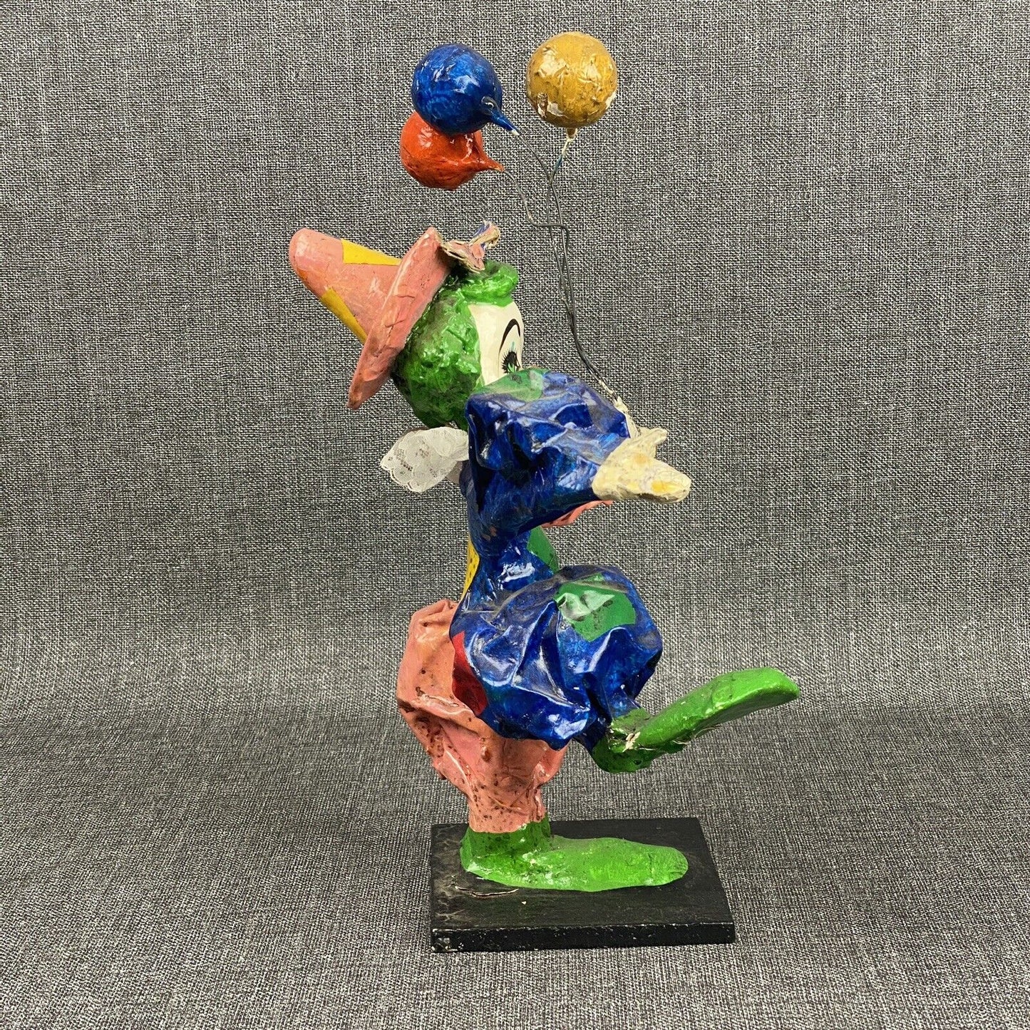 Vintage Colorful Paper Mache Clown with Balloons 13" tall