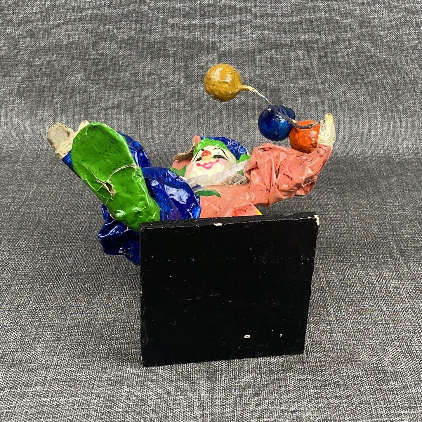 Vintage Colorful Paper Mache Clown with Balloons 13" tall