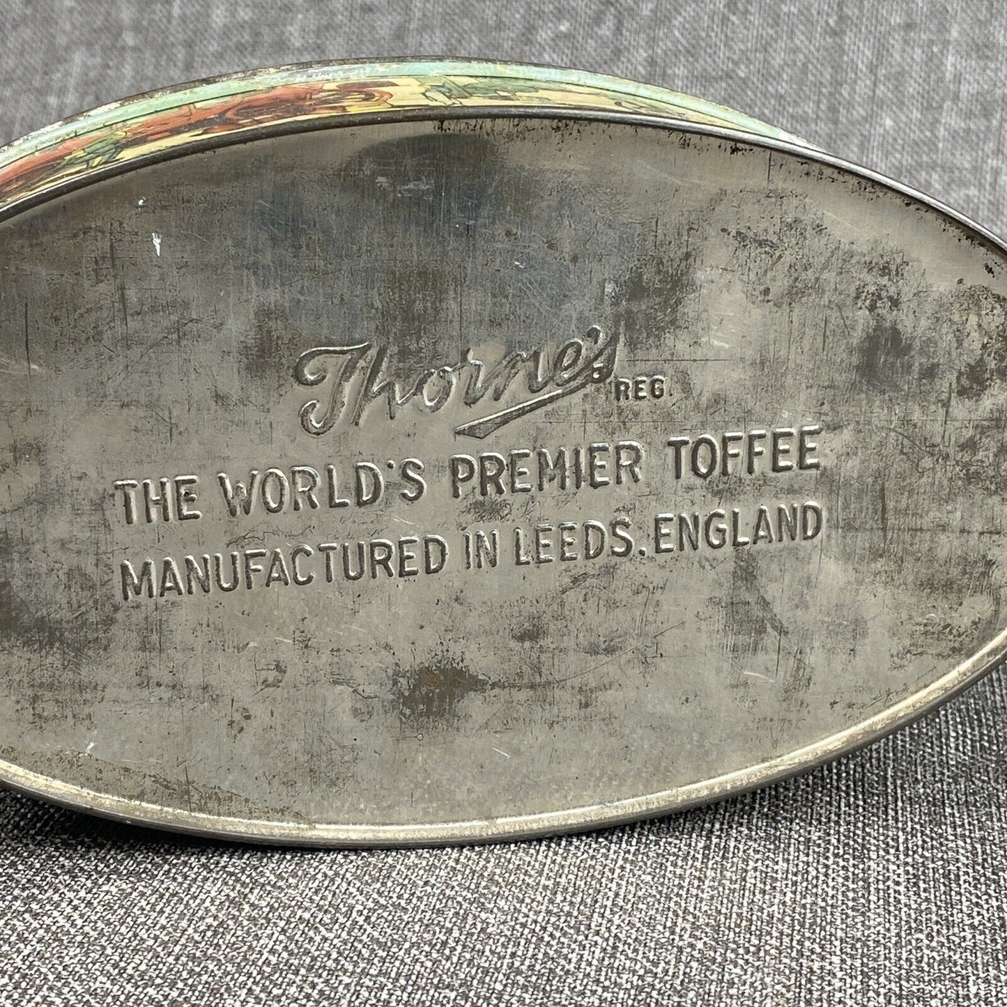 Vintage Candy Oval Tin Can THORNE'S Toffee made in England 8"x4"x2.5"