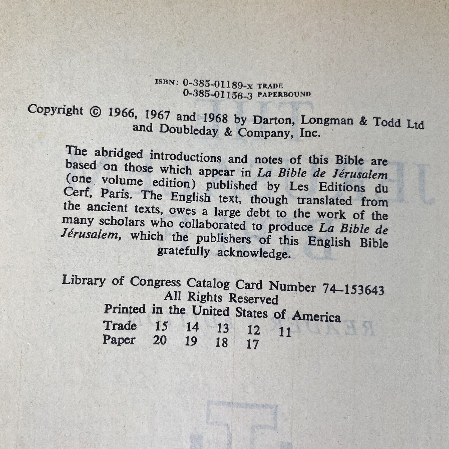 The Jerusalem Bible: Reader's Edition -- Old & New Testaments Paperback 1968