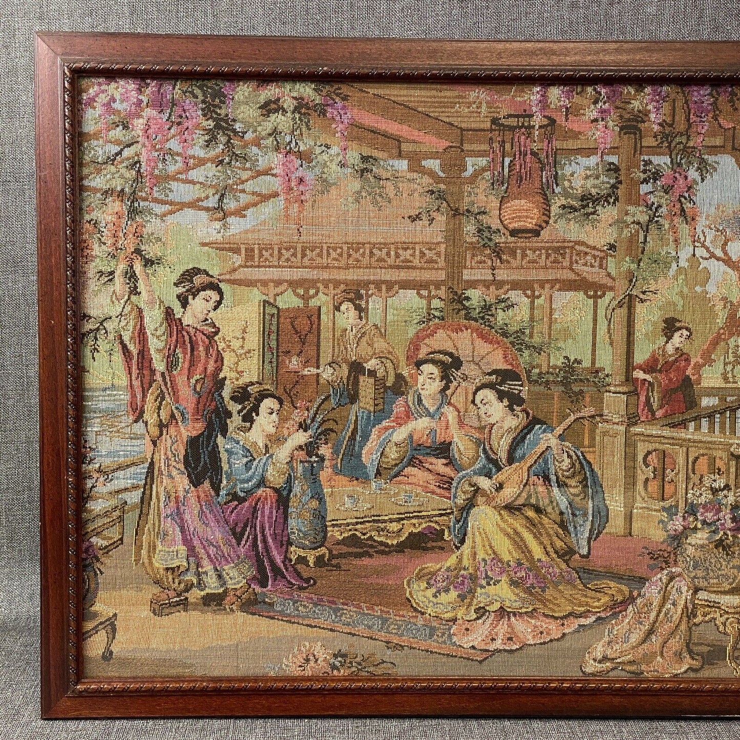 Vintage Large Tapestry Framed 40"x21" Japanese Aristocrats Socializing