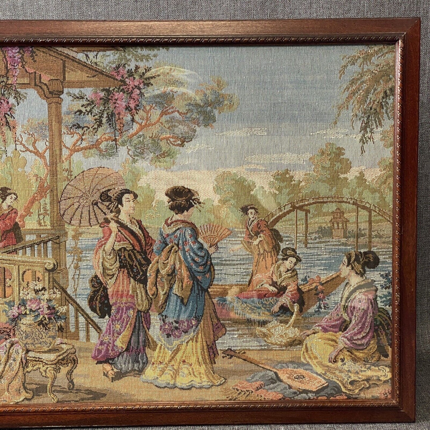 Vintage Large Tapestry Framed 40"x21" Japanese Aristocrats Socializing