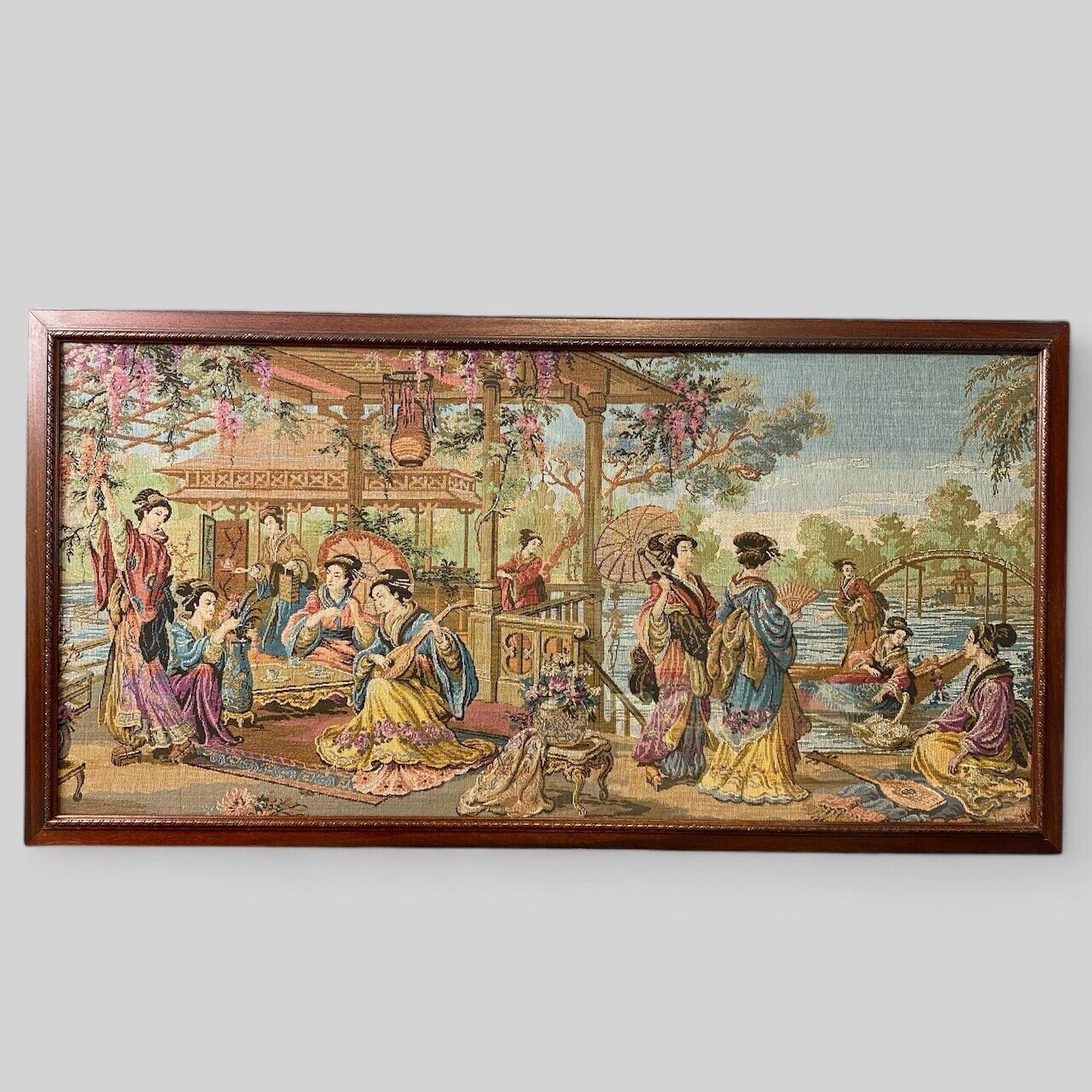 Vintage Large Tapestry Framed 40"x21" Japanese Aristocrats Socializing