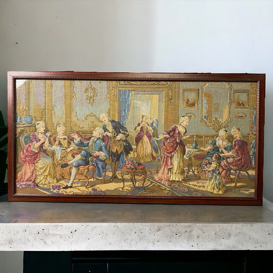Vintage Large Tapestry Framed 40"x21"  French  Aristocrats Socializing