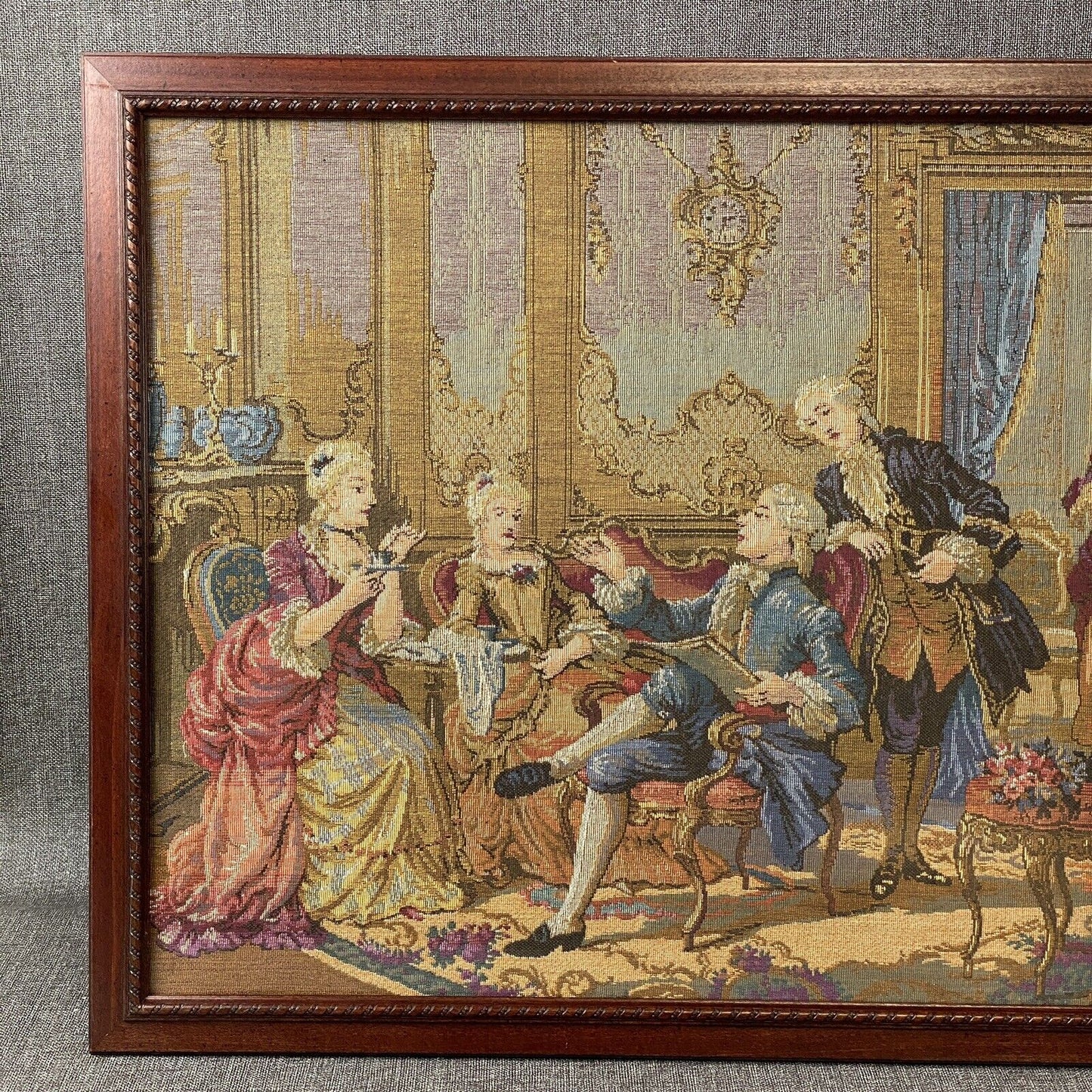 Vintage Large Tapestry Framed 40"x21" French Aristocrats Socializing