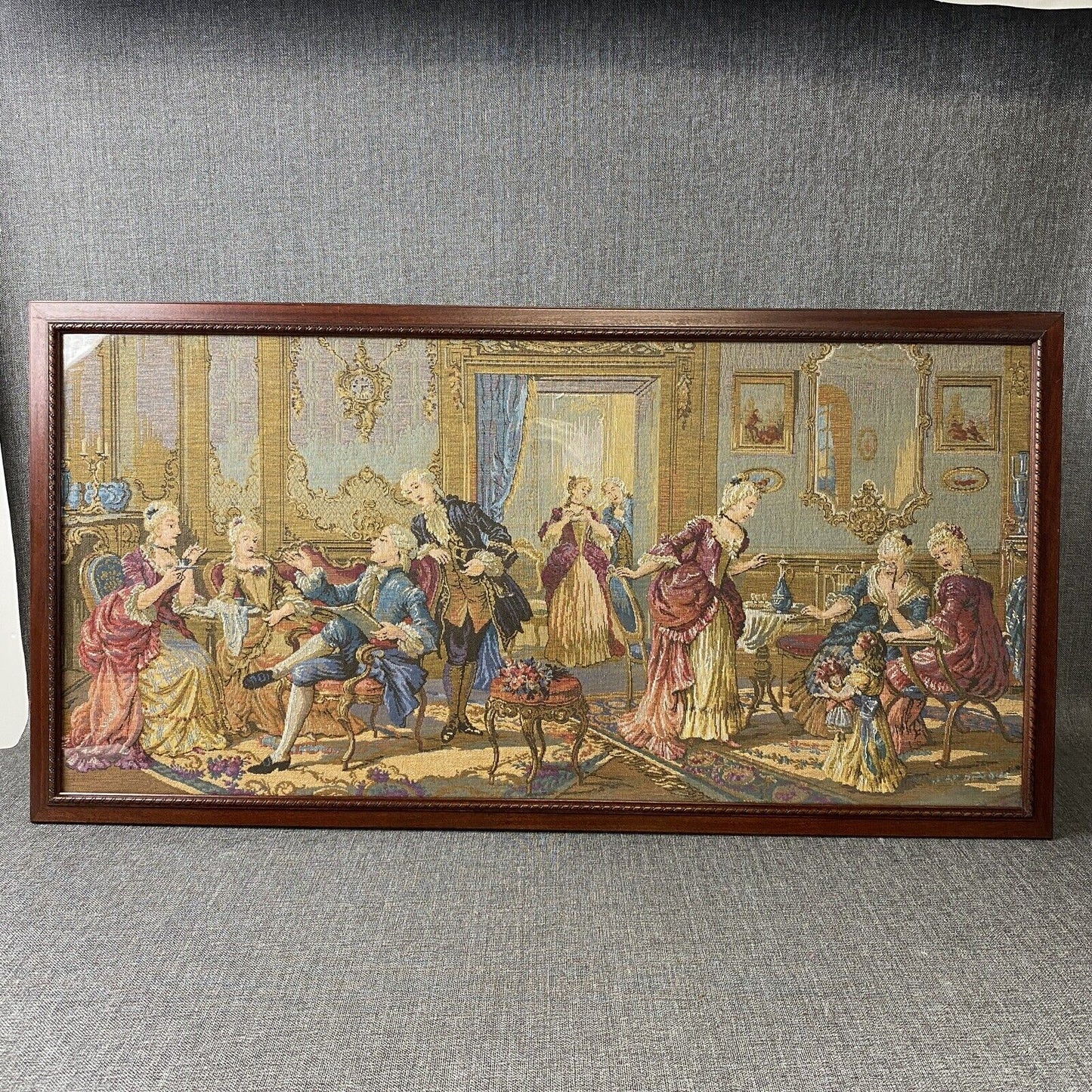 Vintage Large Tapestry Framed 40"x21" French Aristocrats Socializing