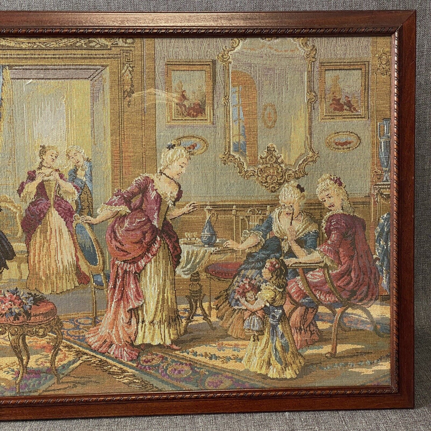 Vintage Large Tapestry Framed 40"x21" French Aristocrats Socializing