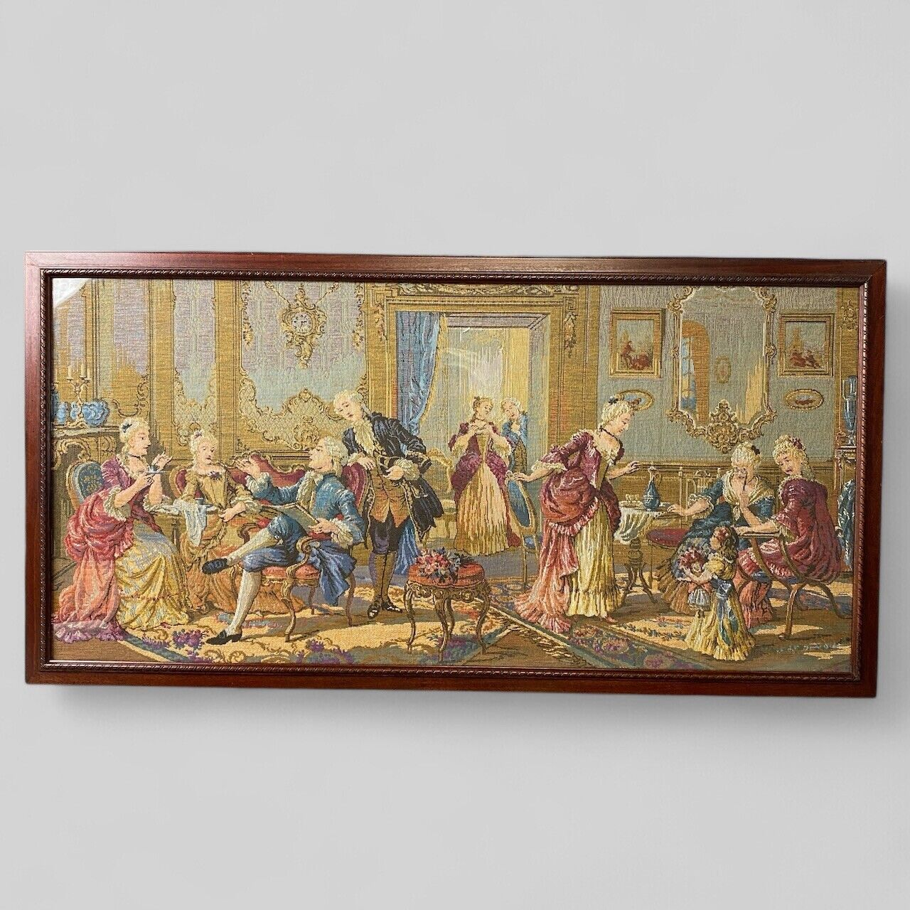 Vintage Large Tapestry Framed 40"x21" French Aristocrats Socializing