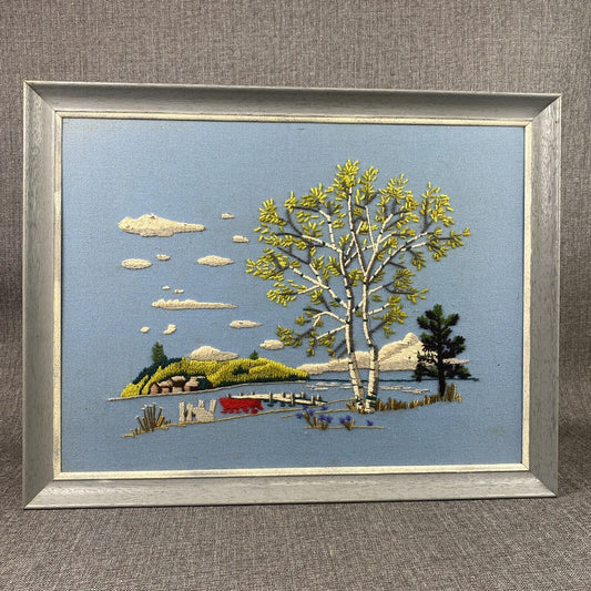 Vintage Embroidery Art Framed Landscape Mountains Lake Dock 26.5"x20.5"