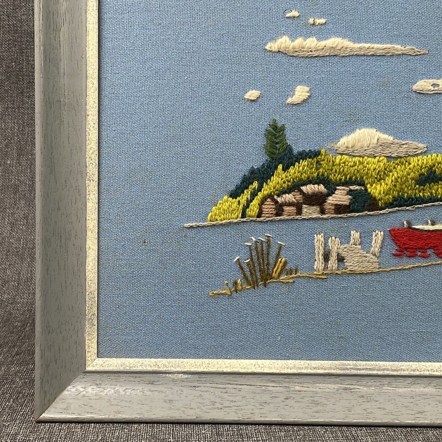 Vintage Embroidery Art Framed Landscape Mountains Lake Dock 26.5"x20.5"