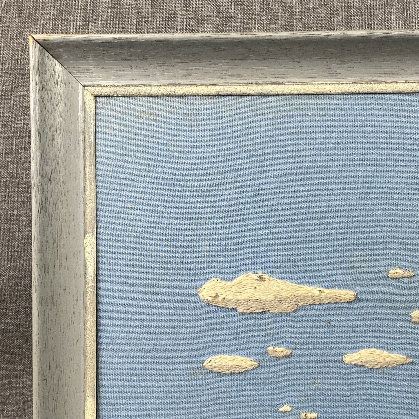 Vintage Embroidery Art Framed Landscape Mountains Lake Dock 26.5"x20.5"