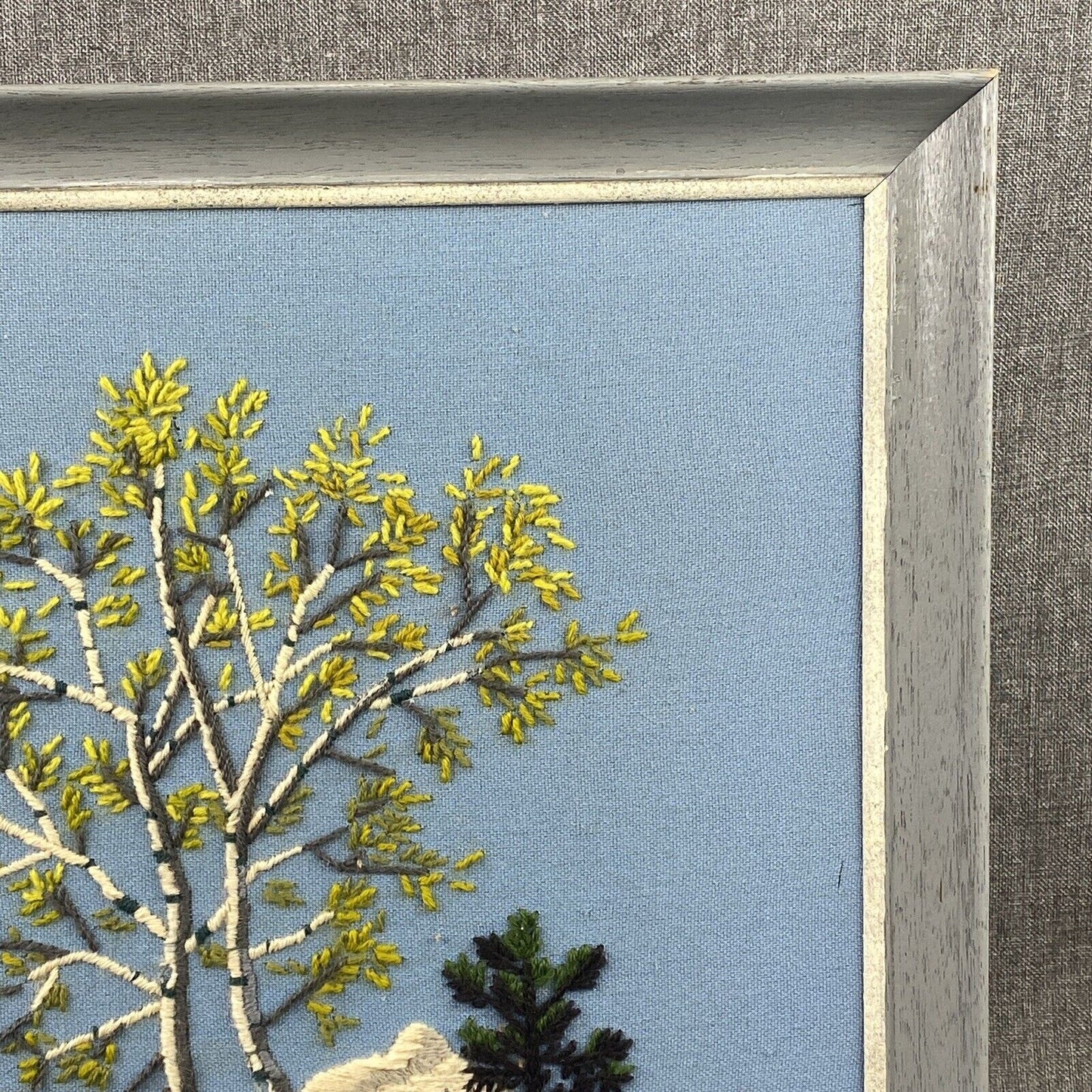 Vintage Embroidery Art Framed Landscape Mountains Lake Dock 26.5"x20.5"