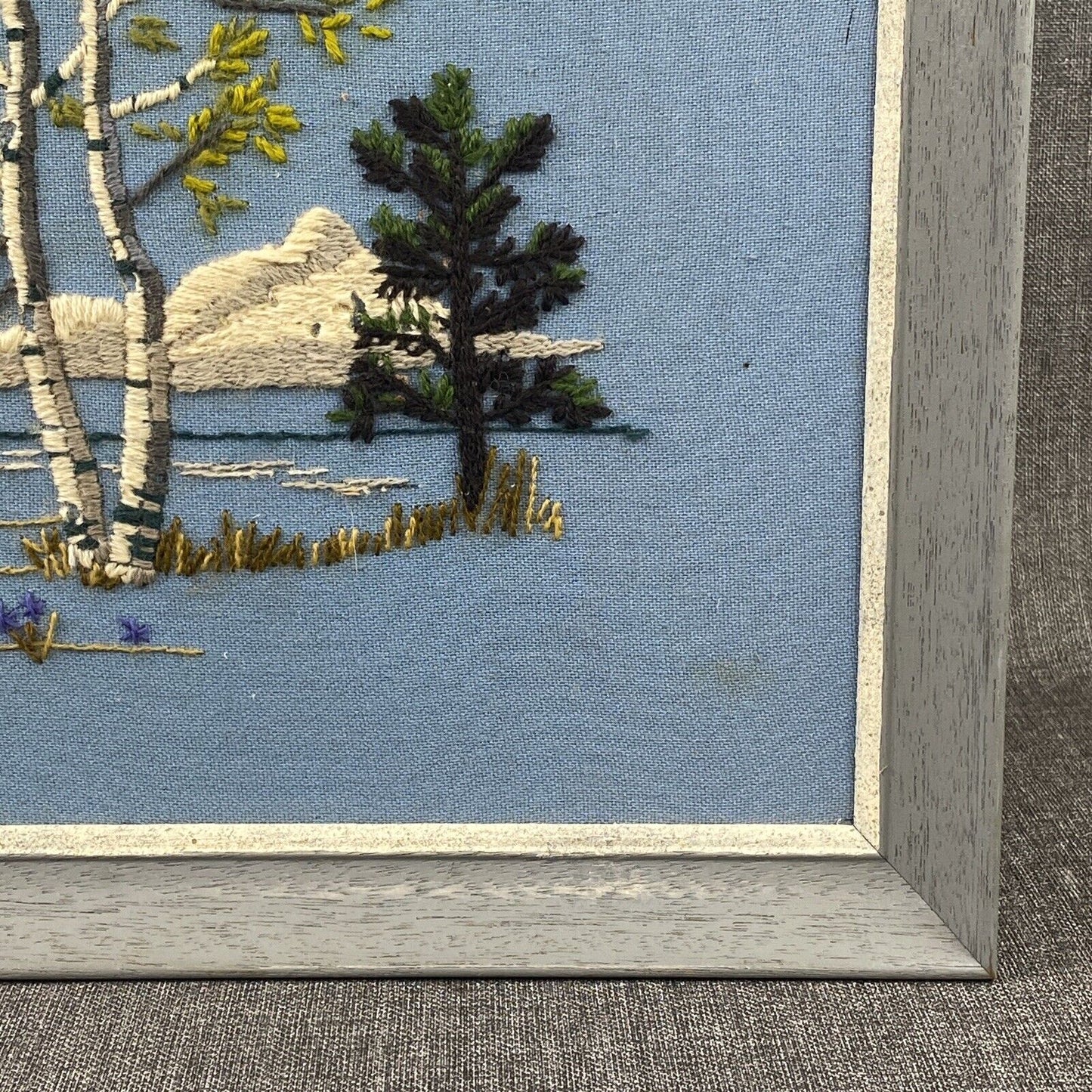 Vintage Embroidery Art Framed Landscape Mountains Lake Dock 26.5"x20.5"